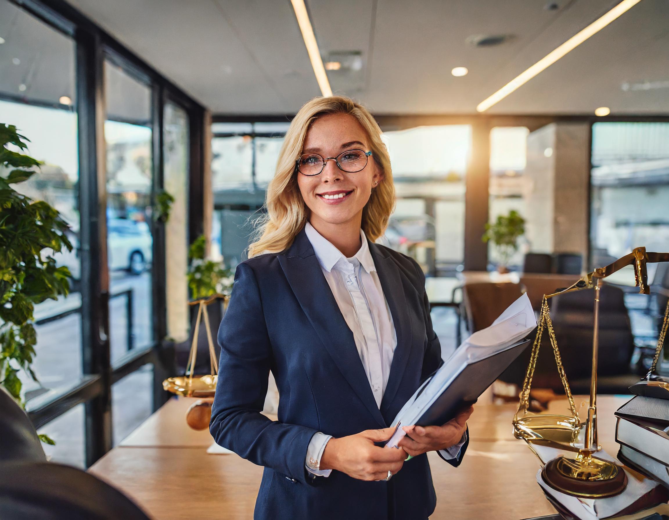 Person, lächelnde Frau im Büro mit Steuerdokumenten